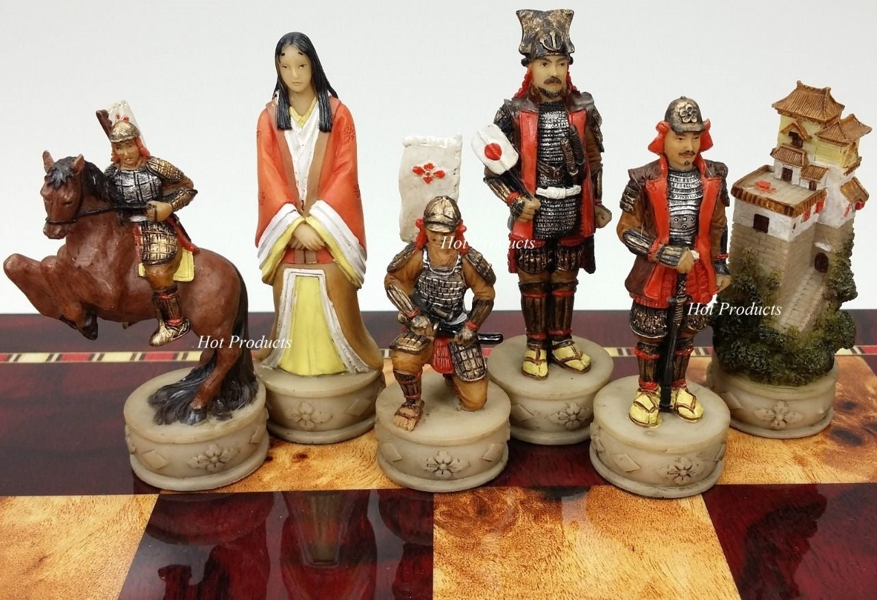 Japanese Samurai Warrior Chess Set Large 18" Cherry & Burlwood Color Board