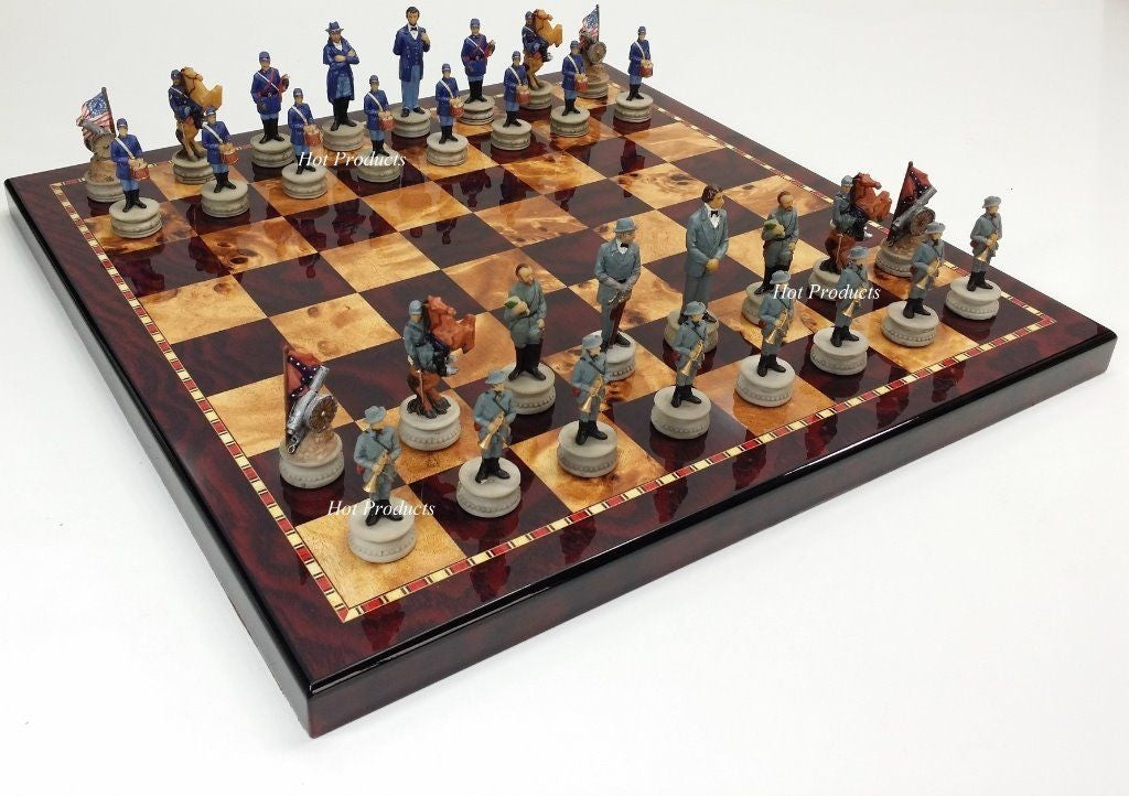 US American Civil War Generals Painted Chess Set W/ 18" Cherry Color Board