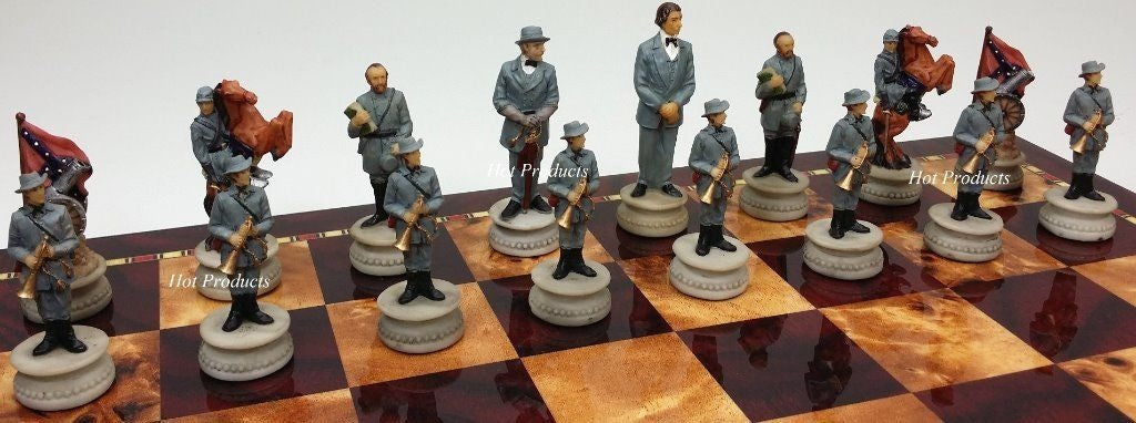 US American Civil War Generals Painted Chess Set W/ 18" Cherry Color Board