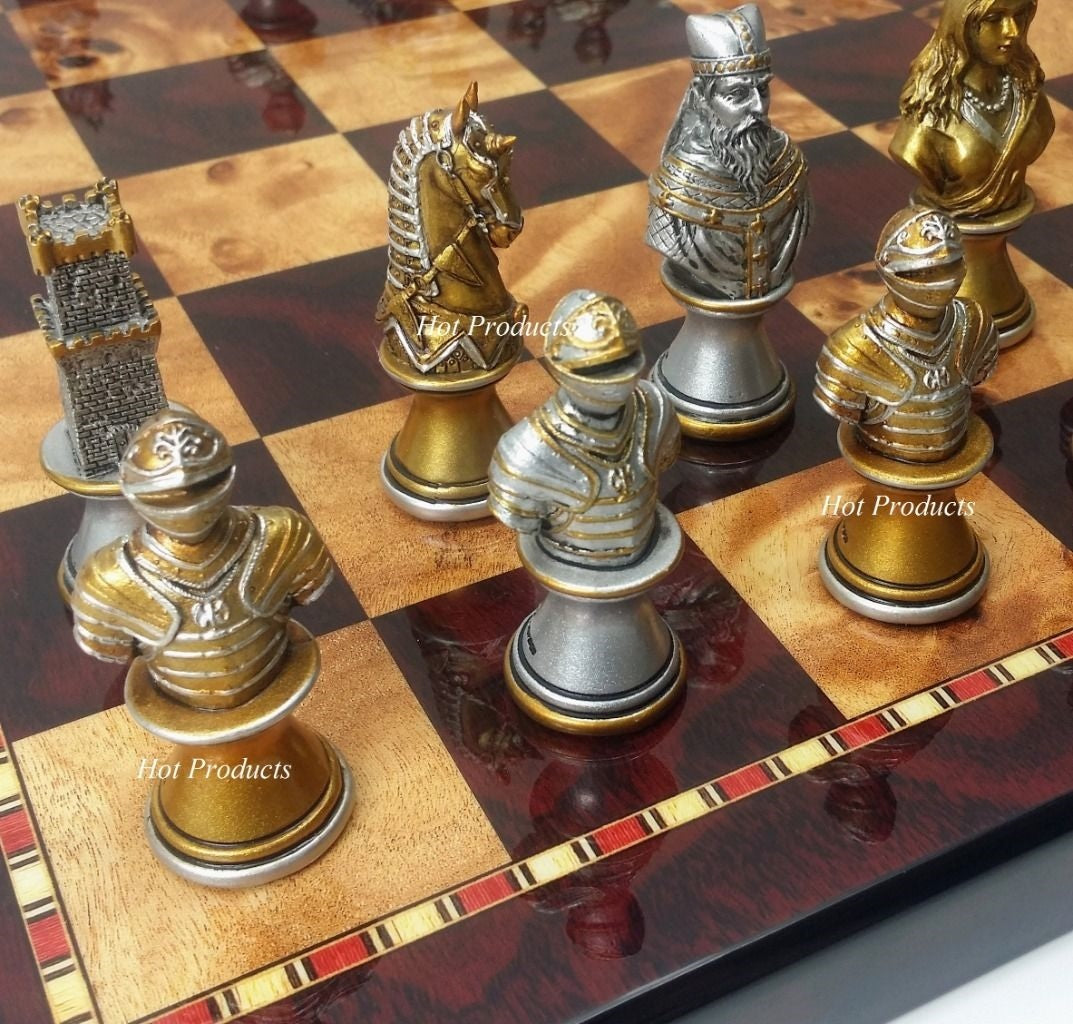 Medieval Times Knights Busts Gold Silver Chess Set W/ 18" Cherry Color Board