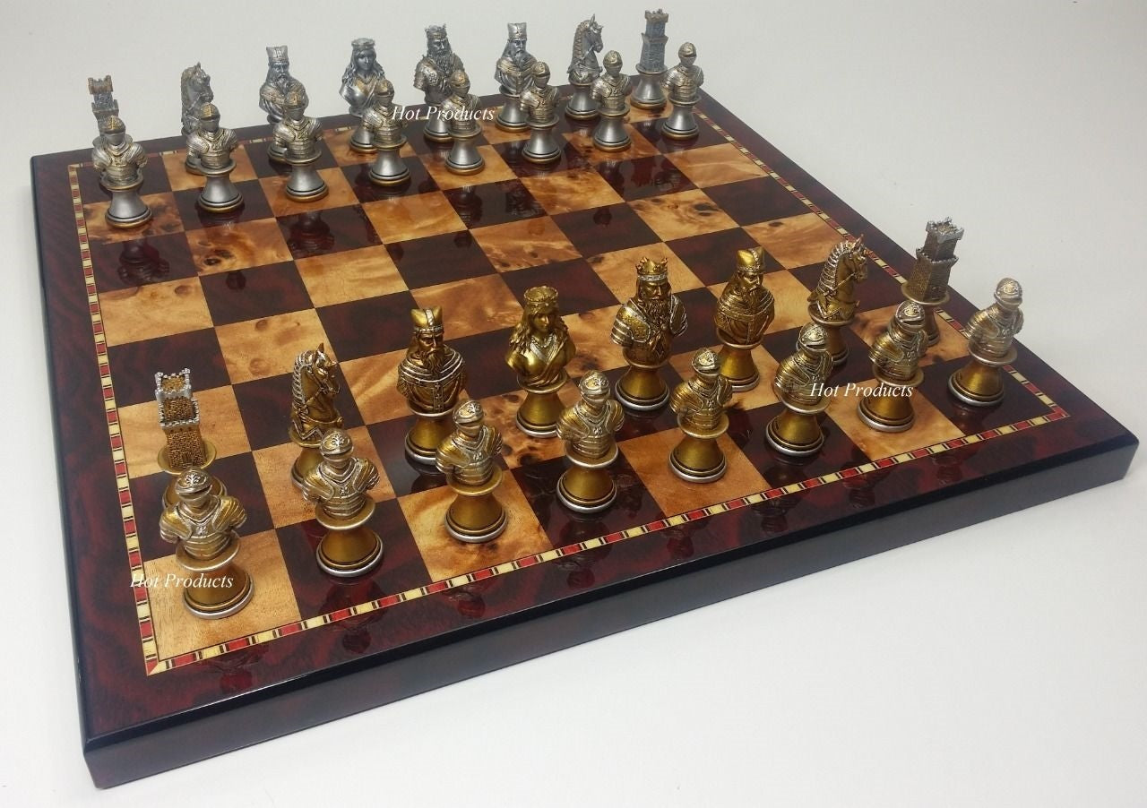 Medieval Times Knights Busts Gold Silver Chess Set W/ 18" Cherry Color Board