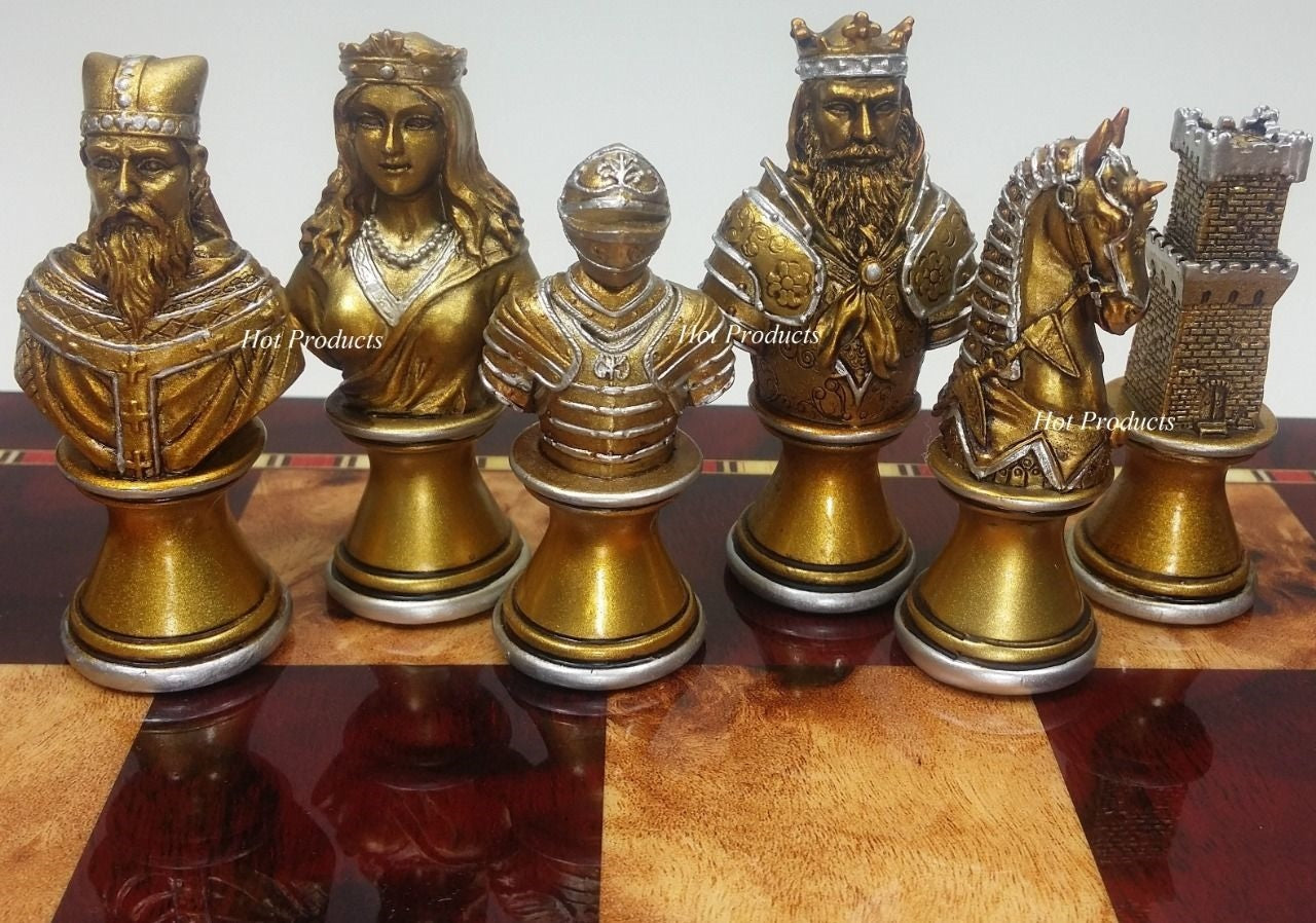 Medieval Times Knights Busts Gold Silver Chess Set W/ 18" Cherry Color Board