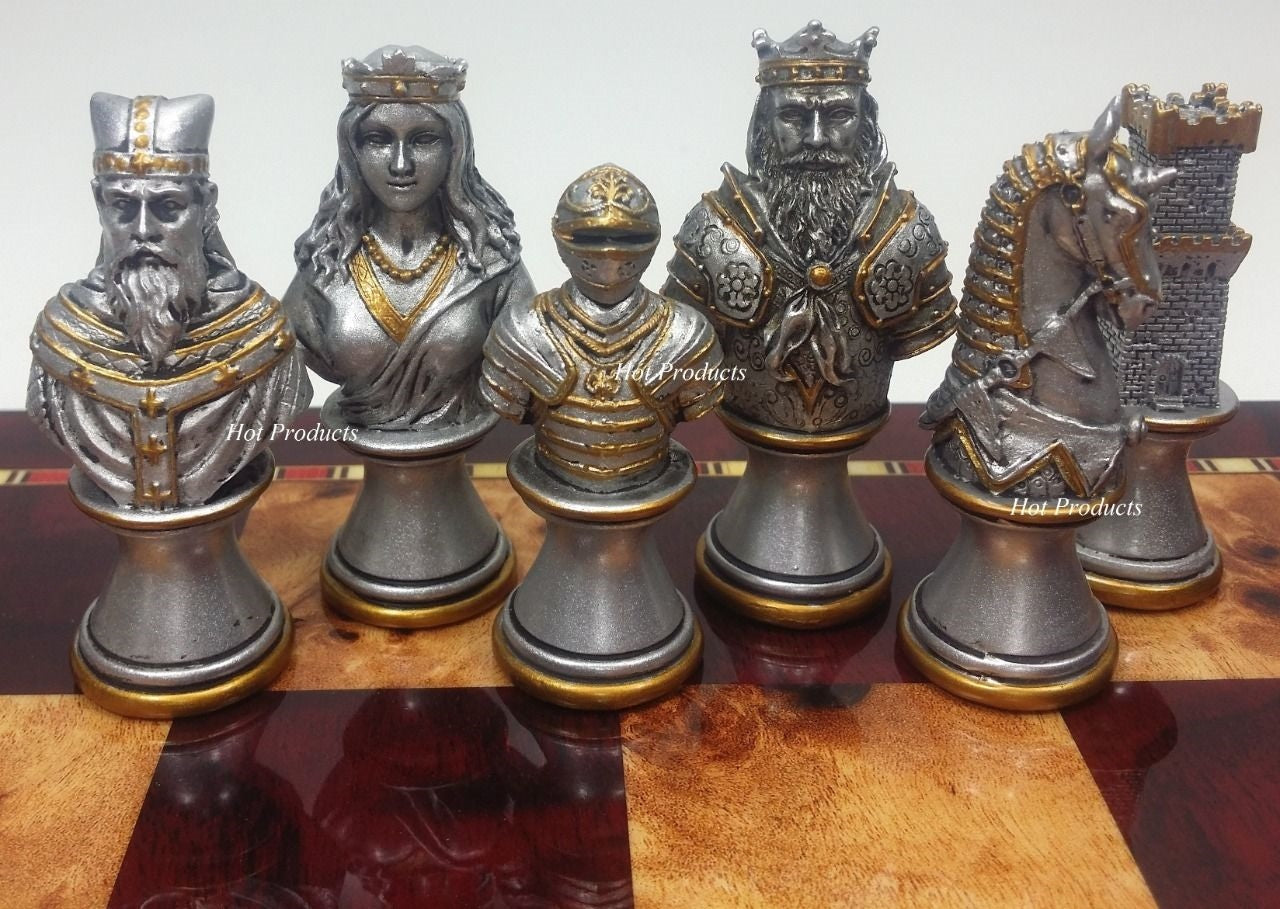 Medieval Times Knights Busts Gold Silver Chess Set W/ 18" Cherry Color Board