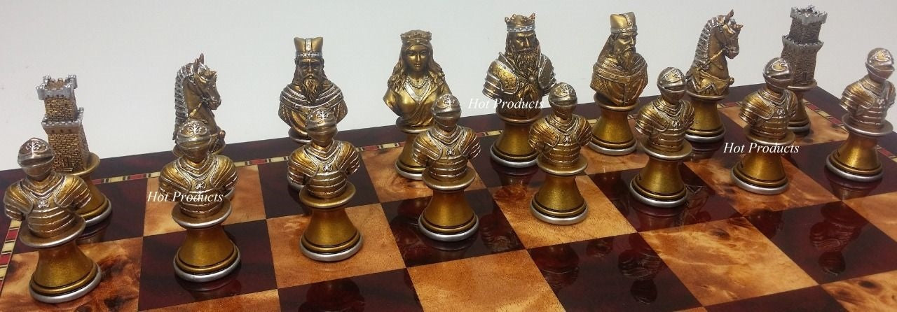 Medieval Times Knights Busts Gold Silver Chess Set W/ 18" Cherry Color Board