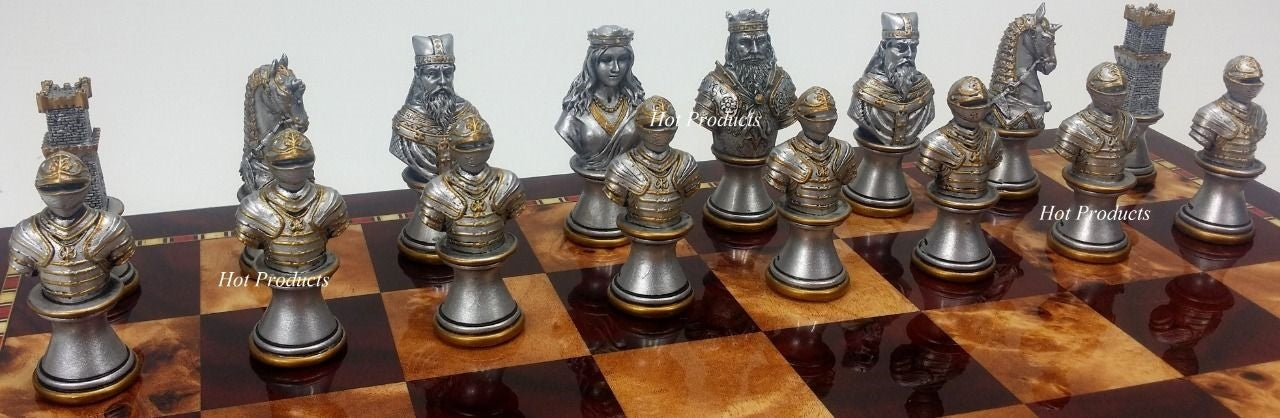 Medieval Times Knights Busts Gold Silver Chess Set W/ 18" Cherry Color Board