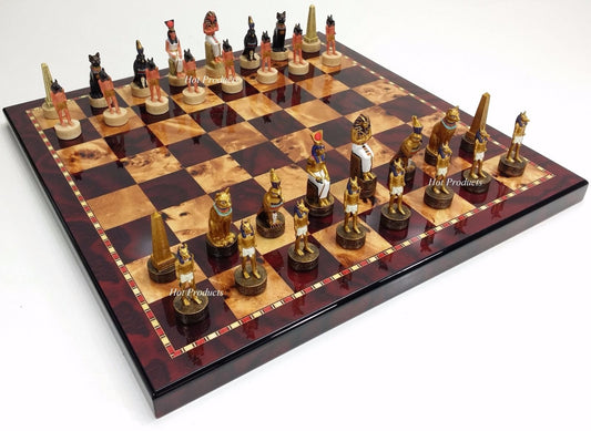 Egyptian Anubis Chess Set With 18" Cherry & Burlwood Color Board Egypt