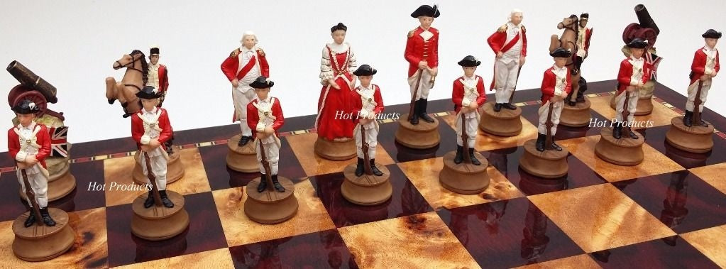 US Revolutionary War Chess Set W 18" Cherry Color Board American Revolution