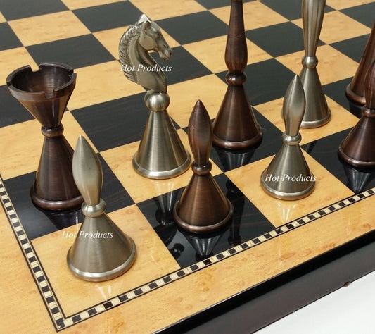 Brass Metal Modern Art Deco Staunton Chess Set 18" WALNUT MAPLE Color Board
