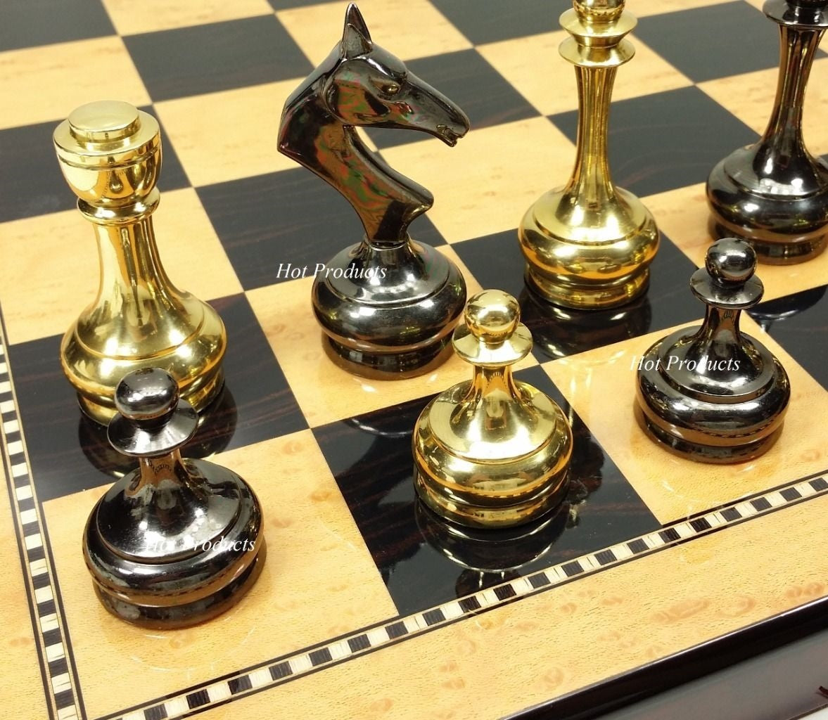 Brass Metal Gold & Black Modern Slim Staunton Chess Set 18" Walnut Color Board