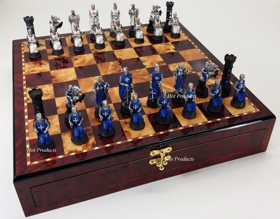 Medieval Times Crusade BLUE WHITE Maltese Chess Set Cherry Color Storage Board