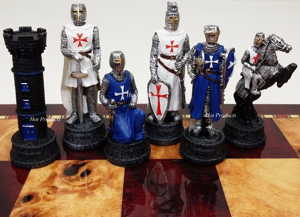 Medieval Times Crusade BLUE WHITE Maltese Chess Set Cherry Color Storage Board
