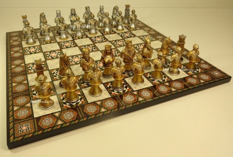 Medieval Times Crusades Busts Gold Silver Chess Set W/ 17" Mosaic Color Boar