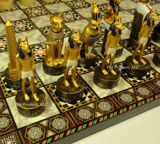 Egyptian Anubis Anubis Buff & Gold Chess Set W/ 14" Mosaic Color Board Egypt