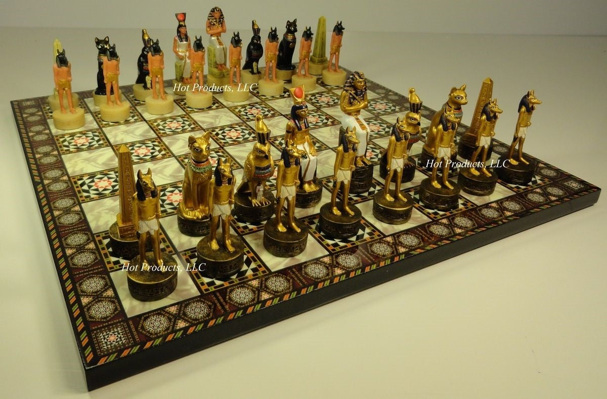 Egyptian Anubis Anubis Buff & Gold Chess Set W/ 14" Mosaic Color Board Egypt