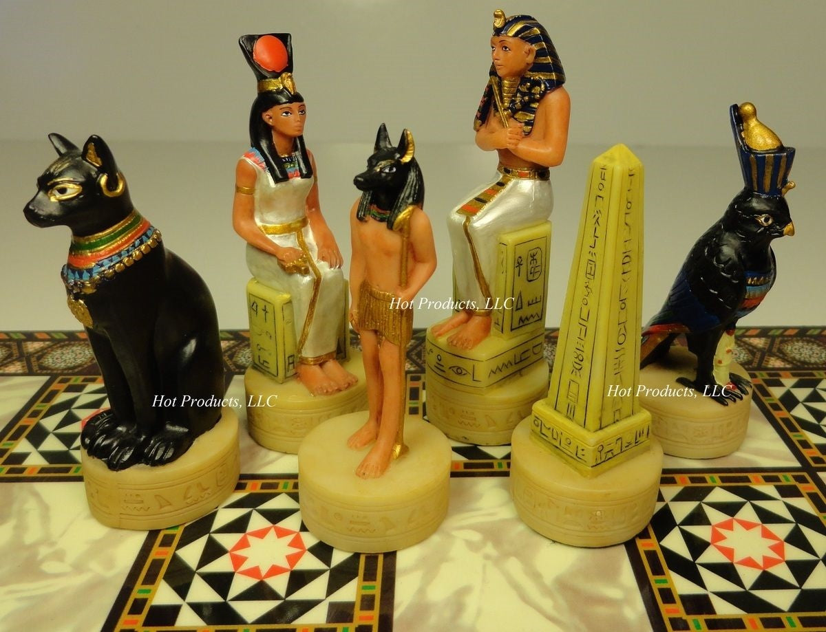 Egyptian Anubis Anubis Buff & Gold Chess Set W/ 14" Mosaic Color Board Egypt