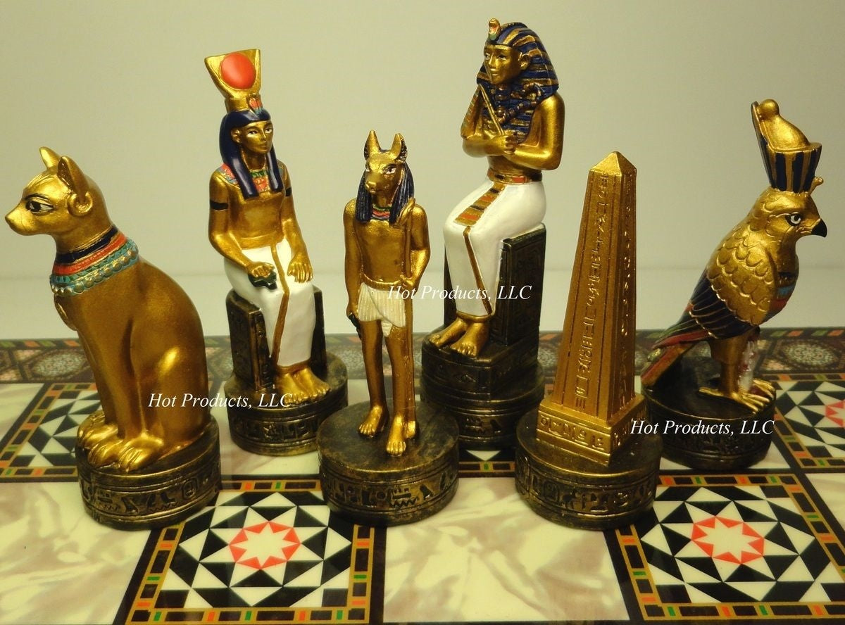 Egyptian Anubis Anubis Buff & Gold Chess Set W/ 14" Mosaic Color Board Egypt