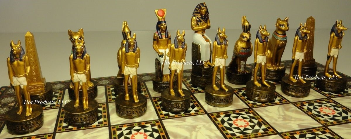 Egyptian Anubis Anubis Buff & Gold Chess Set W/ 14" Mosaic Color Board Egypt