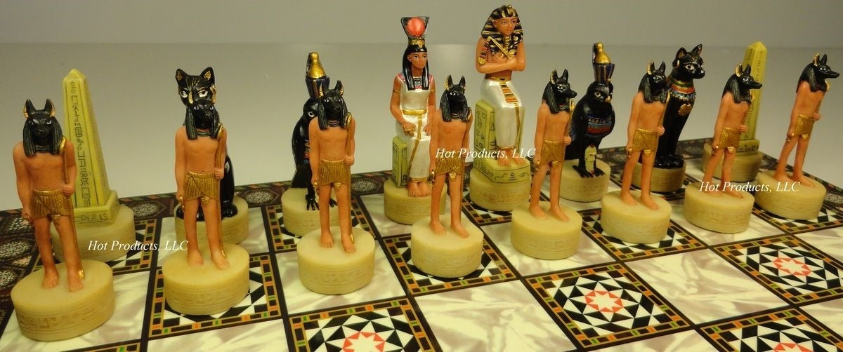 Egyptian Anubis Anubis Buff & Gold Chess Set W/ 14" Mosaic Color Board Egypt