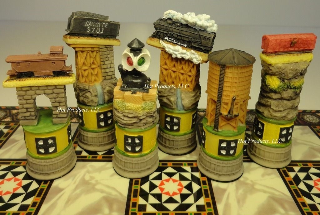 Train Chess Pieces Set W/ Mosaic Design Board 14