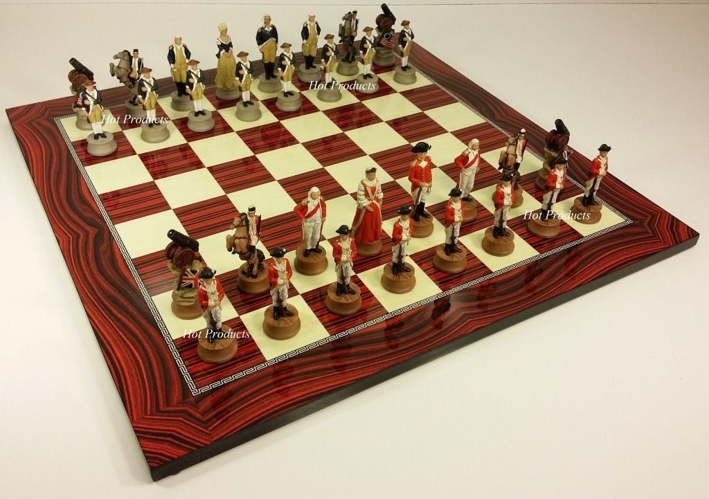 American Revolutionary War Chess Set W/ 17" Cherry Color Board Independence