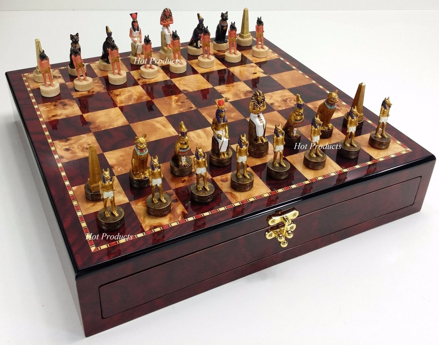 Egyptian Anubis Gold & Buff Chess Set W/ 17" Cherry Color Gloss Storage Board