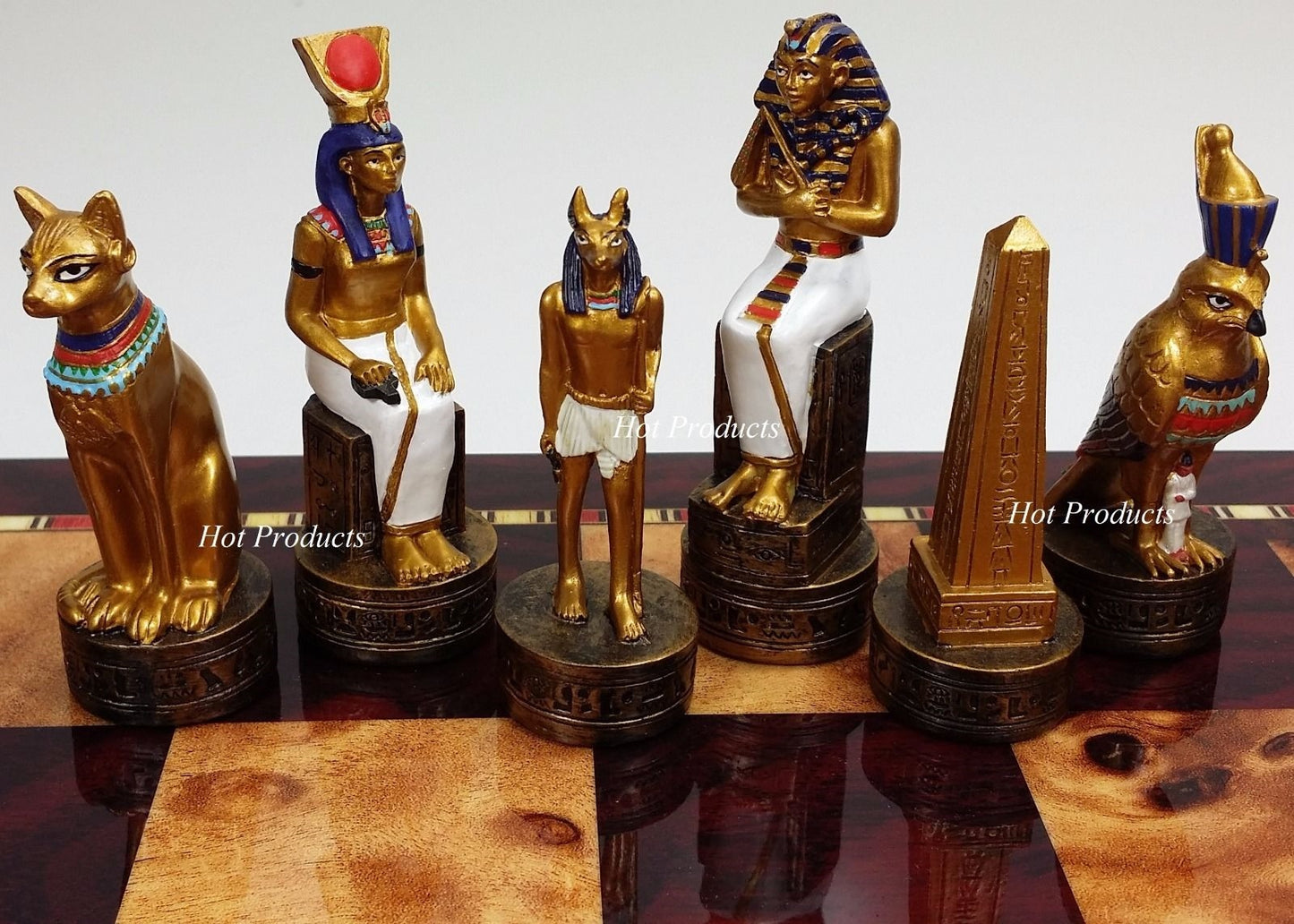 Egyptian Anubis Gold & Buff Chess Set W/ 17" Cherry Color Gloss Storage Board