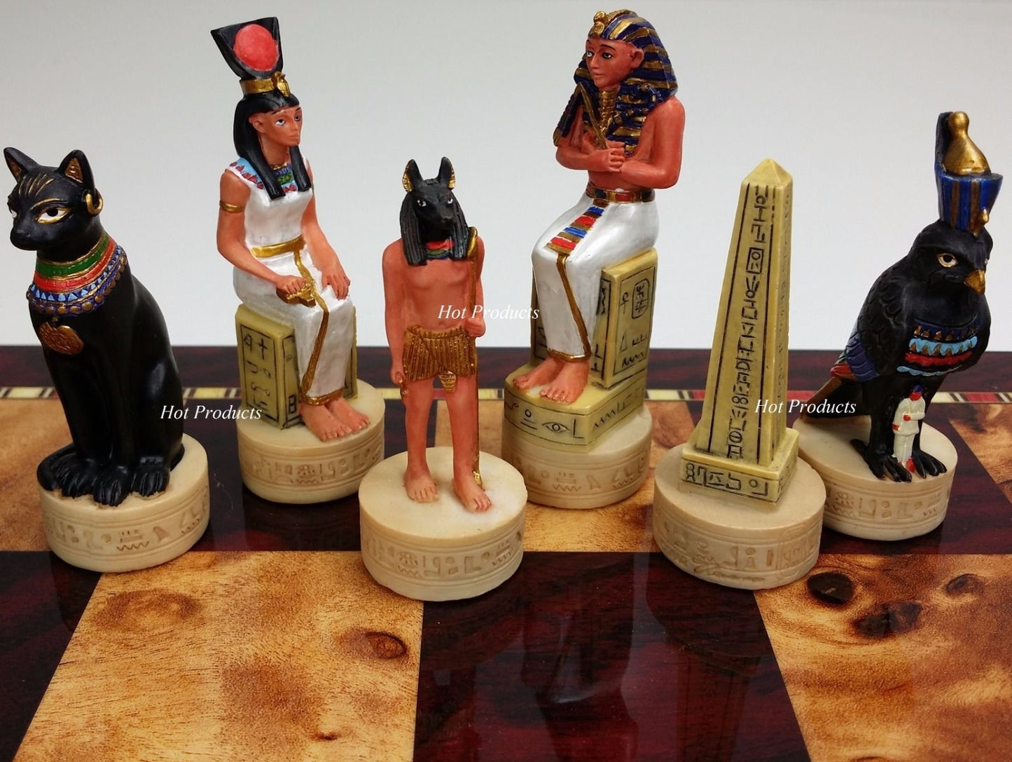 Egyptian Anubis Gold & Buff Chess Set W/ 17" Cherry Color Gloss Storage Board