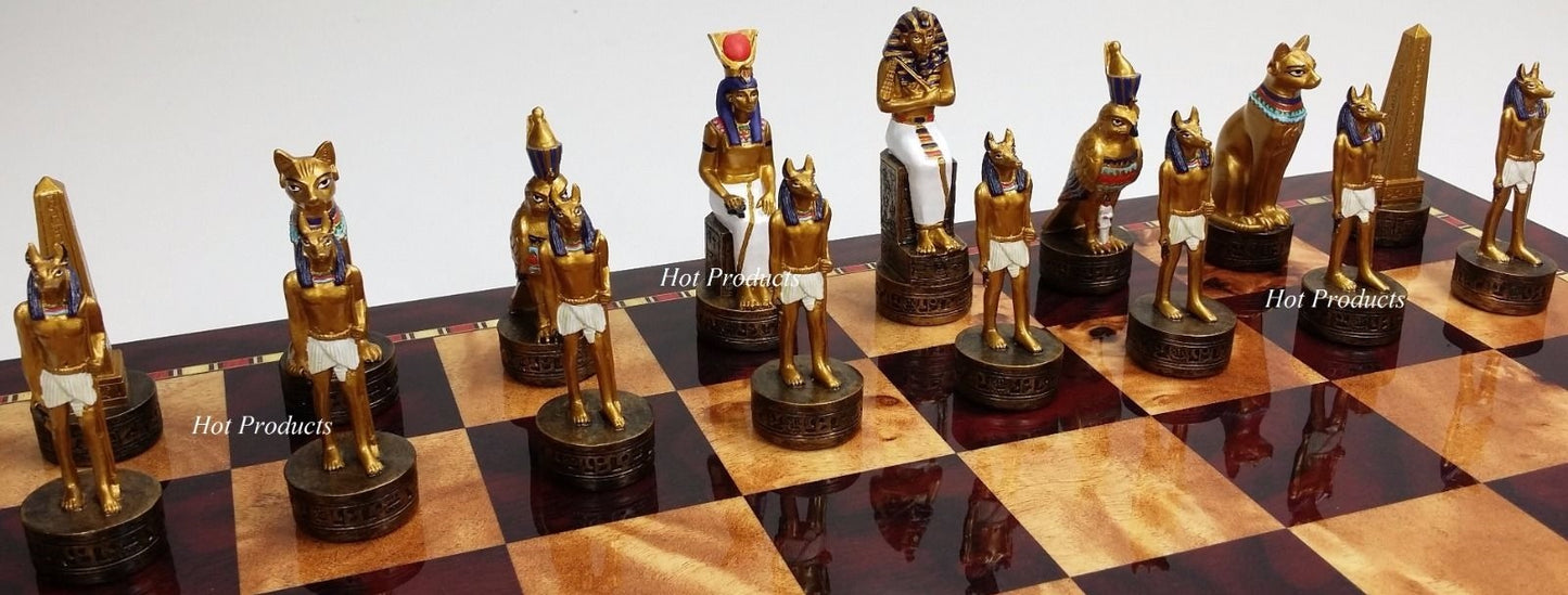 Egyptian Anubis Gold & Buff Chess Set W/ 17" Cherry Color Gloss Storage Board