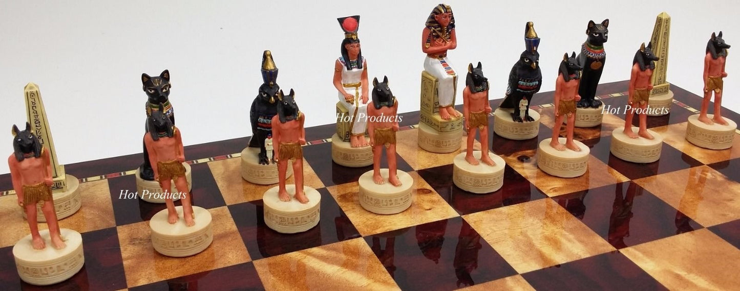 Egyptian Anubis Gold & Buff Chess Set W/ 17" Cherry Color Gloss Storage Board