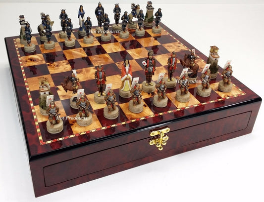 Japanese Samurai Warrior Chess Set w/ 17" Gloss Cherry Color Storage Board