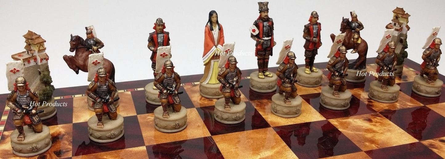 Japanese Samurai Warrior Chess Set w/ 17" Gloss Cherry Color Storage Board