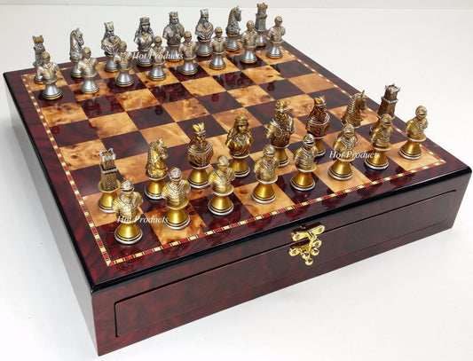Medieval Times Crusades Gold & Silver Busts Chess Set Cherry Color Storage Board