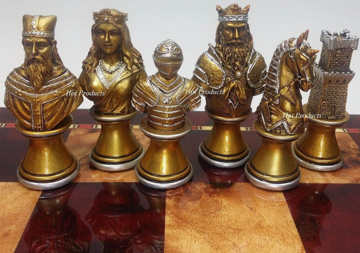 Medieval Times Crusades Gold & Silver Busts Chess Set Cherry Color Storage Board