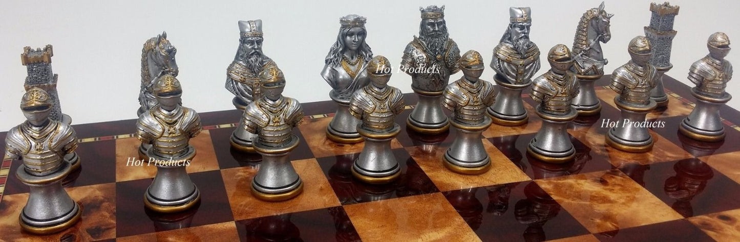 Medieval Times Crusades Gold & Silver Busts Chess Set Cherry Color Storage Board