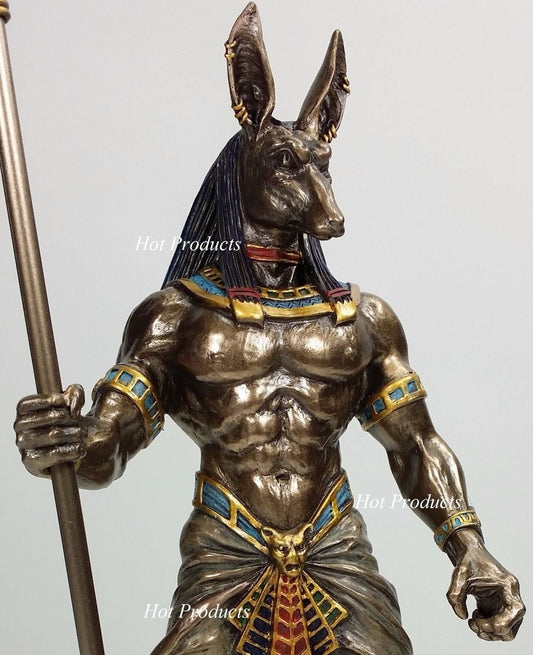 10" Egyptian Anubis Jackal W Cobra Scepter Statue Sculpture Antique Bronze Color