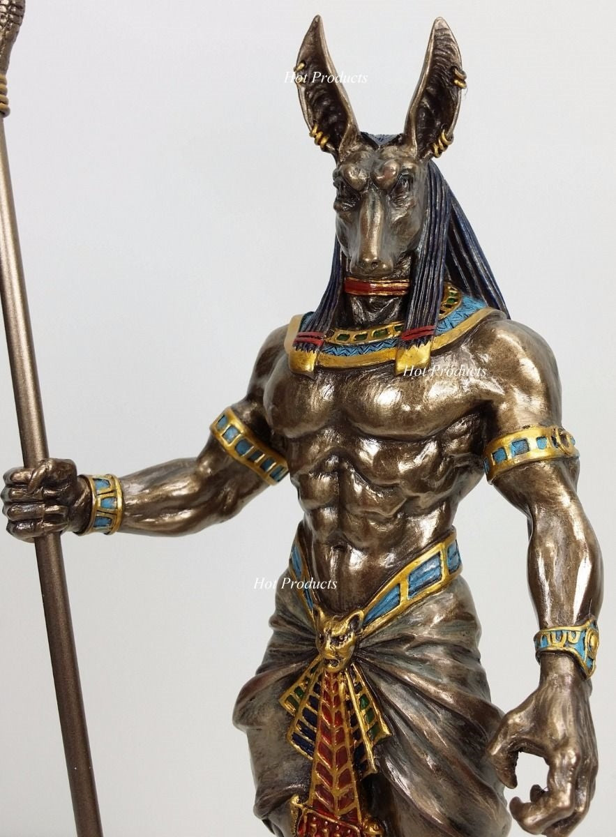 10" Egyptian Anubis Jackal W Cobra Scepter Statue Sculpture Antique Bronze Color