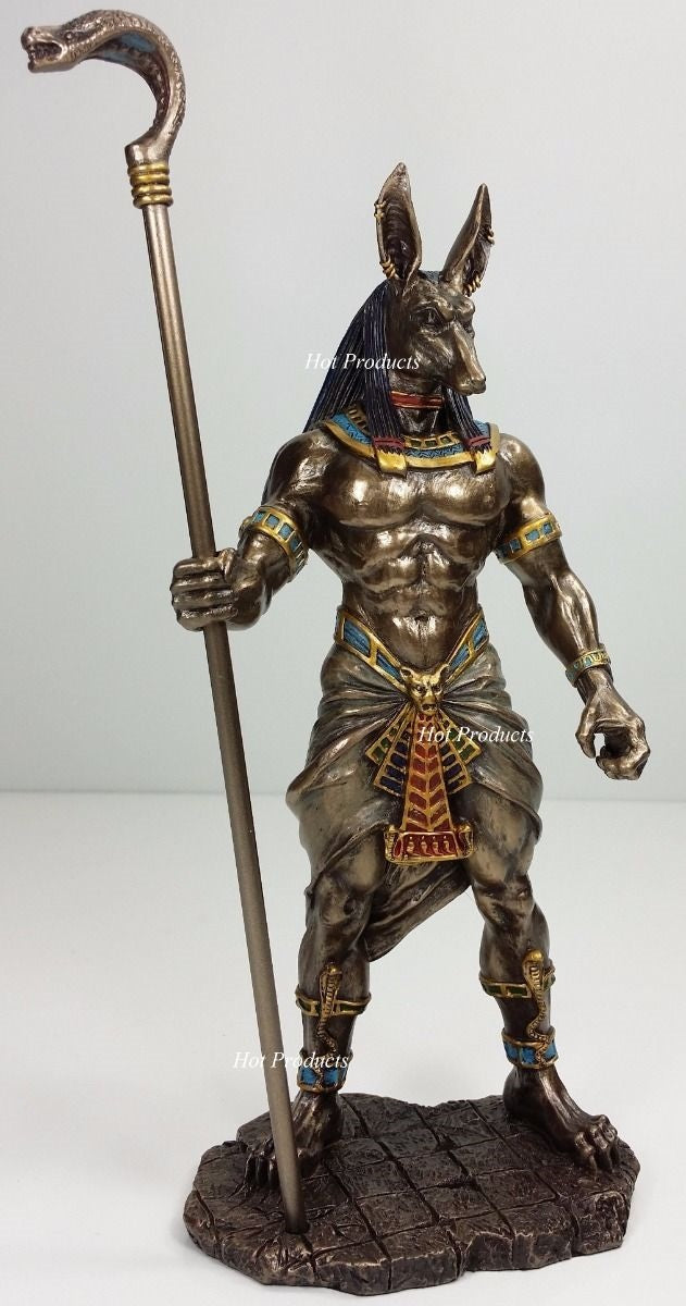 10" Egyptian Anubis Jackal W Cobra Scepter Statue Sculpture Antique Bronze Color