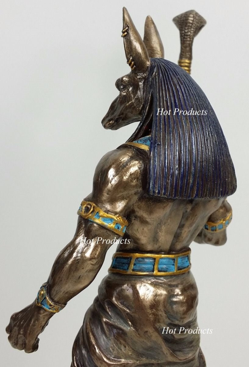 10" Egyptian Anubis Jackal W Cobra Scepter Statue Sculpture Antique Bronze Color