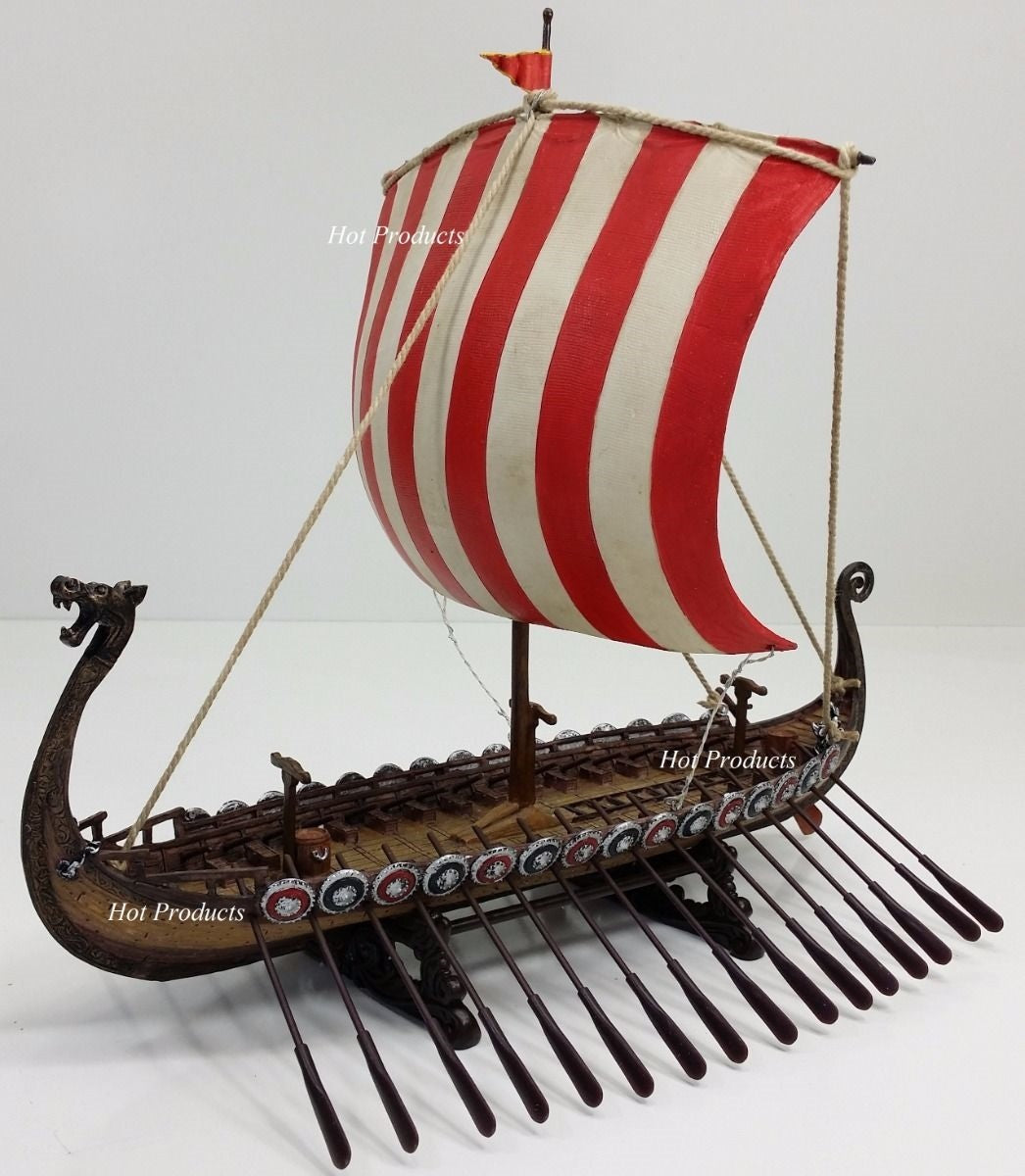 13" Drekar Dragon Headed Museum Replica Viking Longship Red Sail Nautical Ship