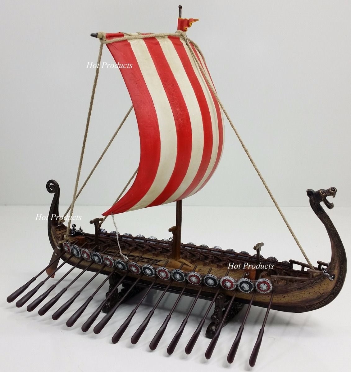 13" Drekar Dragon Headed Museum Replica Viking Longship Red Sail Nautical Ship