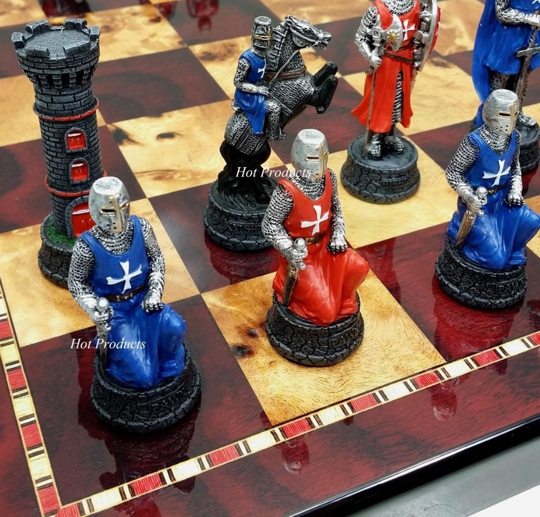 Medieval Times Crusades RED BLUE Maltese Knight Chess Set 18" Cherry Color Board