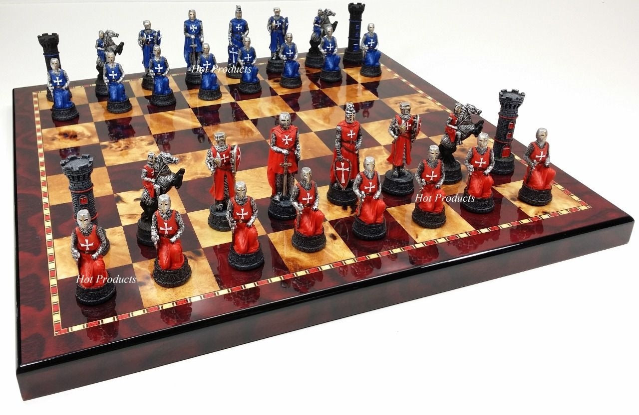 Medieval Times Crusades RED BLUE Maltese Knight Chess Set 18" Cherry Color Board