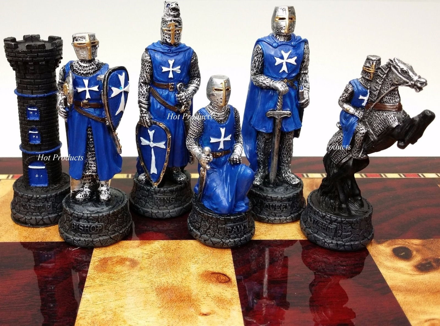 Medieval Times Crusades RED BLUE Maltese Knight Chess Set 18" Cherry Color Board