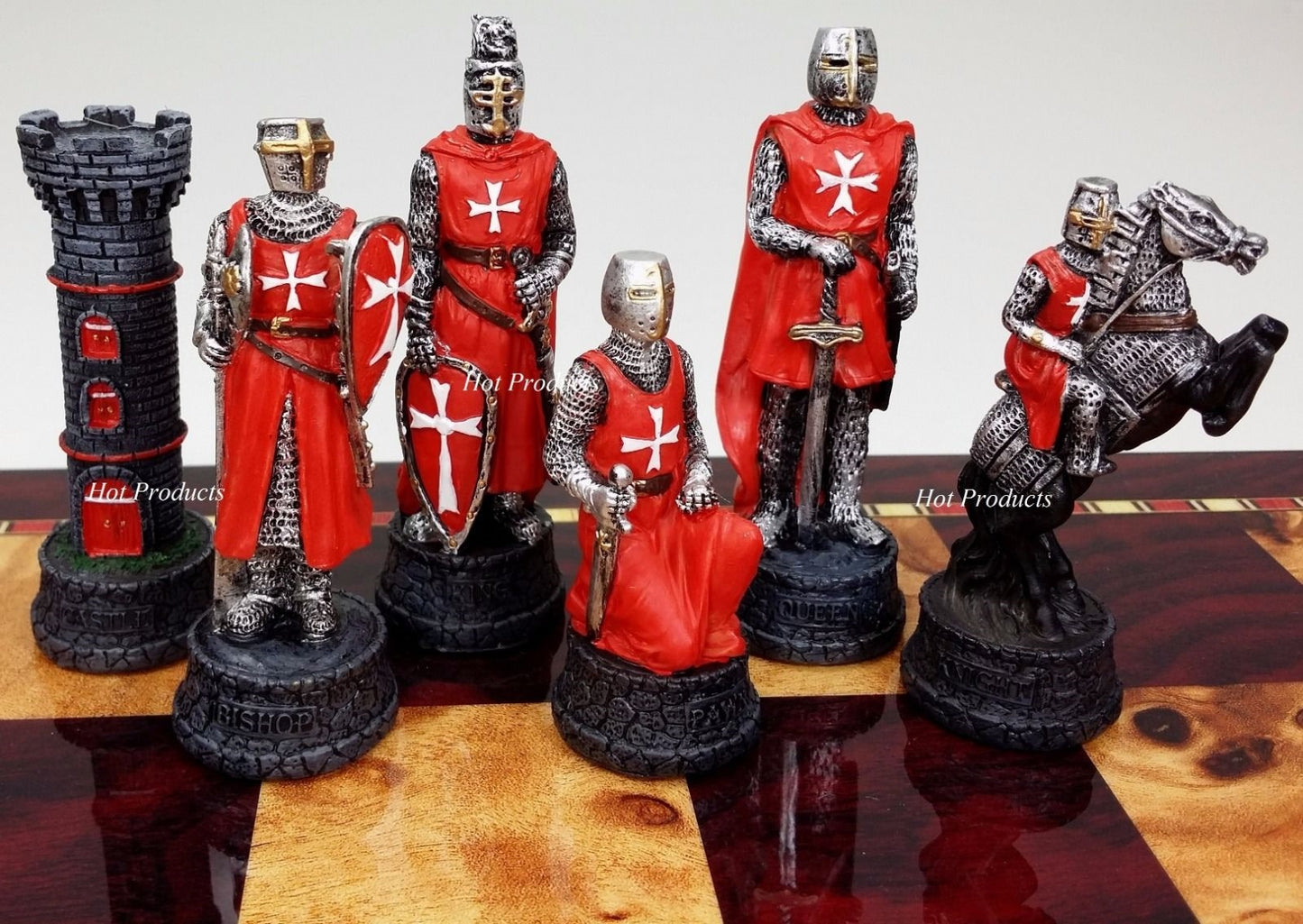 Medieval Times Crusades RED BLUE Maltese Knight Chess Set 18" Cherry Color Board