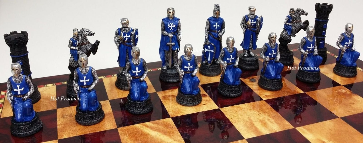 Medieval Times Crusades RED BLUE Maltese Knight Chess Set 18" Cherry Color Board