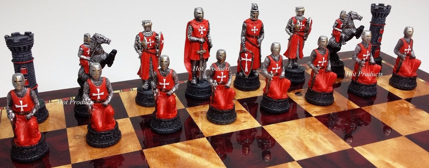 Medieval Times Crusades RED BLUE Maltese Knight Chess Set 18" Cherry Color Board