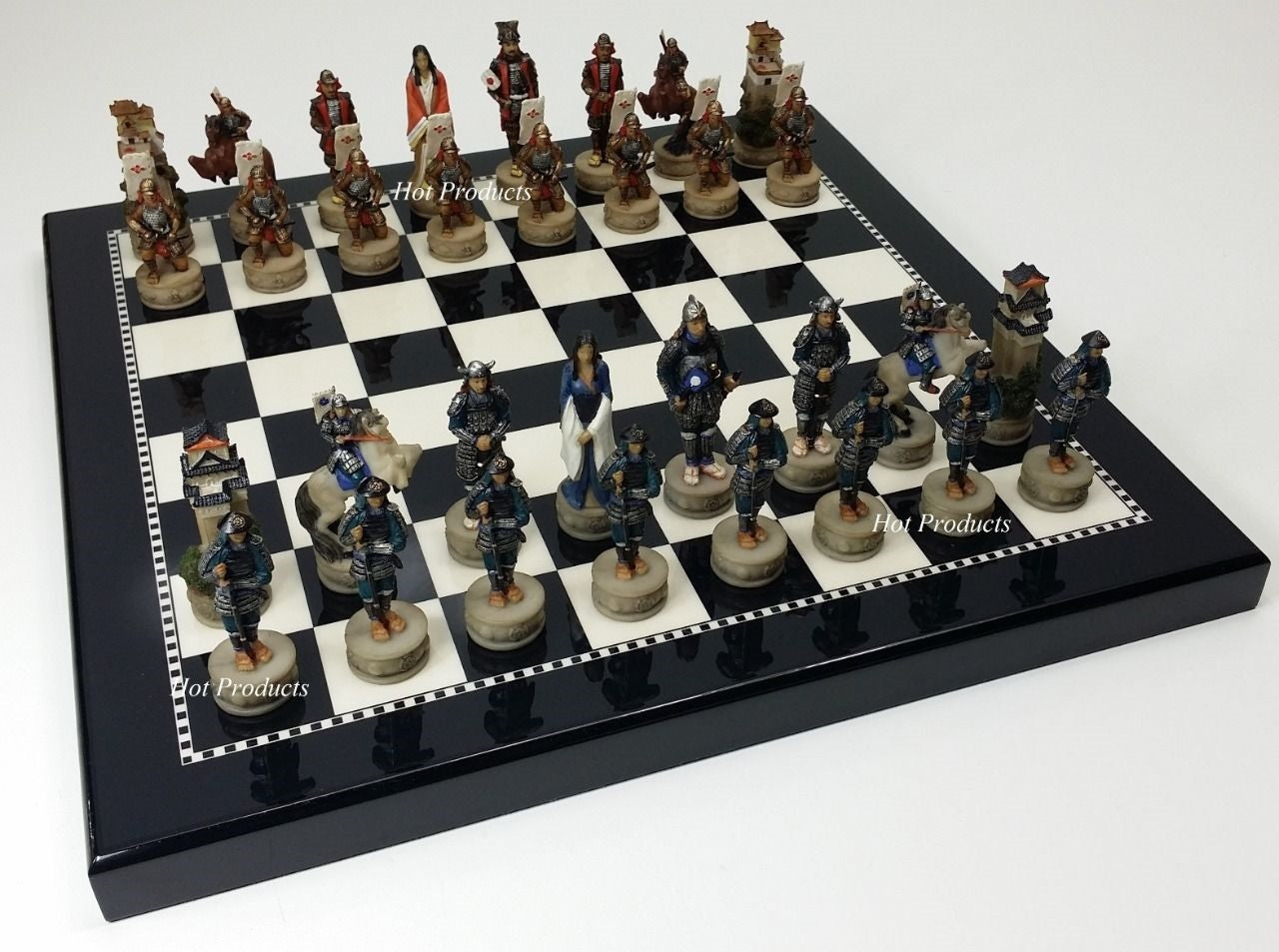 Japanese Samurai Warrior Chess Set BLACK & WHITE GLOSS BOARD 15" oriental