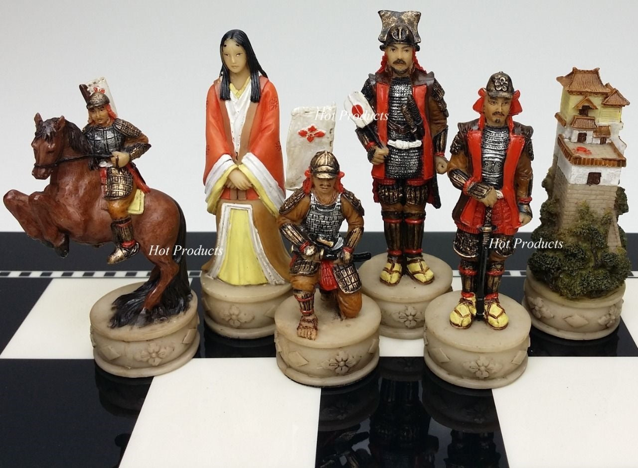 Japanese Samurai Warrior Chess Set BLACK & WHITE GLOSS BOARD 15" oriental