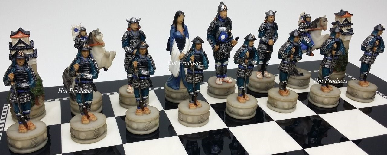 Japanese Samurai Warrior Chess Set BLACK & WHITE GLOSS BOARD 15" oriental