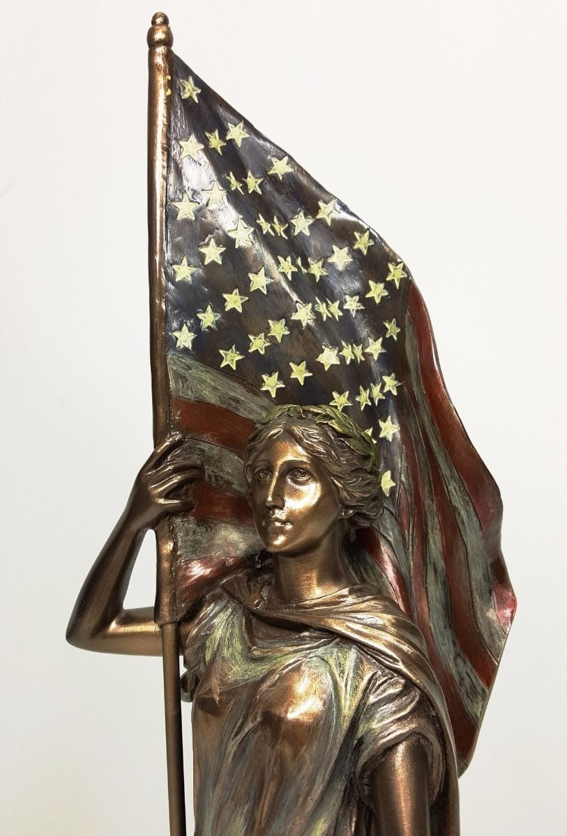 14 1/2" Lady Liberty Standing W American Flag and Eagle Statue Bronze Finish